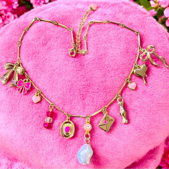 Pink bows and love charms charm necklace. Gold toned delicate chain 15.5”-17.5” - Picture 1 of 16